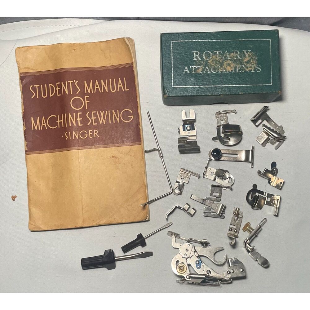 Vintage Singer Sewing Machine Lot 15 Attachments Greist 1941 Manual Rotary Box